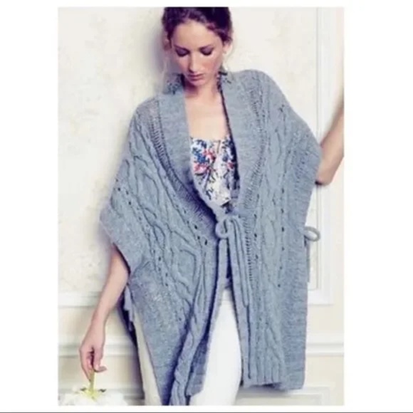Anthropologie Sleeping On Snow Metamorphosis Poncho Chunky Cable Knit Wool Blend - Picture 1 of 12